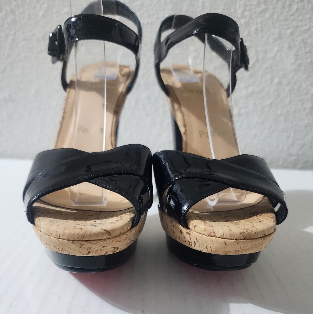 Christian Louboutin Black Patent Leather and Cork Platform Heels Size 38.5 - Picture 2 of 9